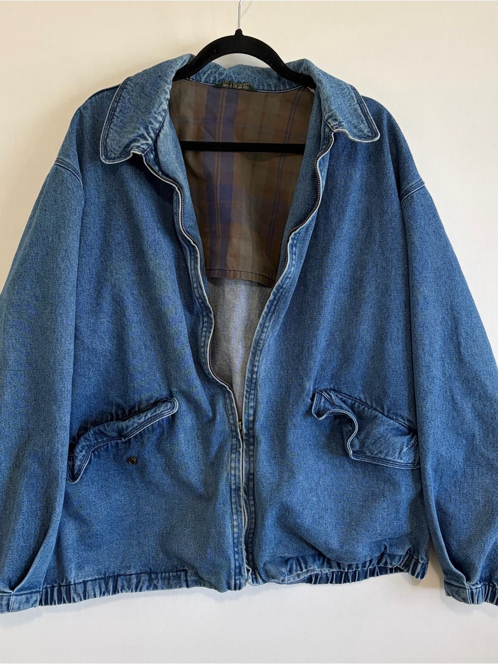 Vtg Authentic Imports Barn Denim Jacket Men XL Chore Bomber Jean 90s Farm Plaid